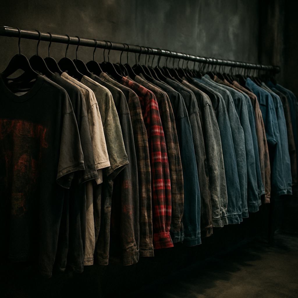 Rack of distressed vintage streetwear in a boutique