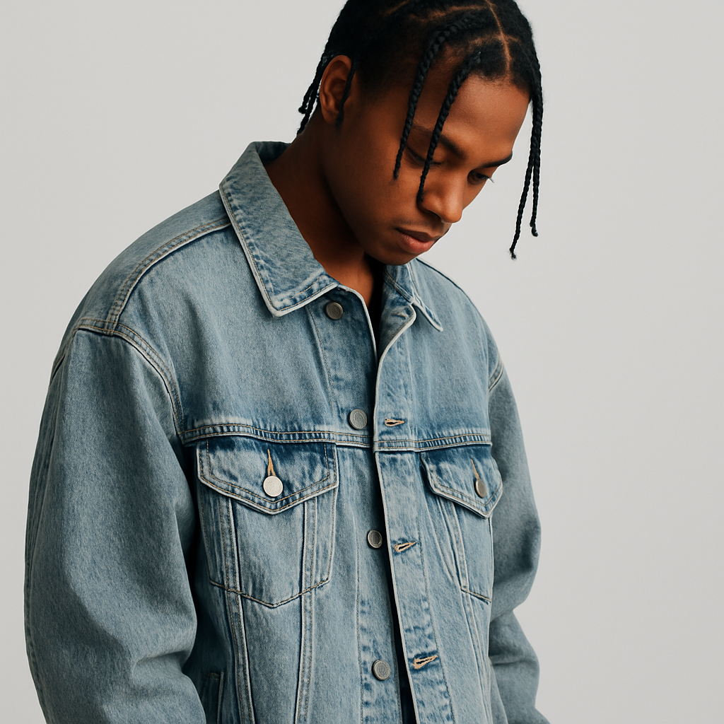 Streetwear model in an oversized washed denim jacket